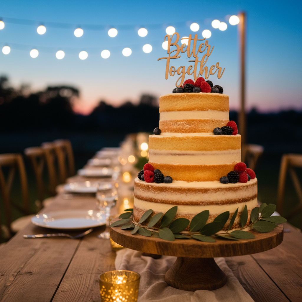 A three-tiered semi-naked wedding cake with thin layers of buttercream revealing golden sponge stands on a wooden cake stand at an outdoor reception table. The cake is decorated with clusters of fresh berries, eucalyptus sprigs, and a laser-cut wooden topper that reads “Better Together.” Behind it, softly blurred string lights form warm bokeh against the dusk sky. Subtle twilight blue tones contrast with the golden light from nearby lanterns, creating a magical, celebratory mood. Photographic realism, captured at slightly below eye level with a shallow depth of field, emphasizes the textures of the frosting and foliage, suggesting a relaxed, nature-inspired wedding celebration without any people.