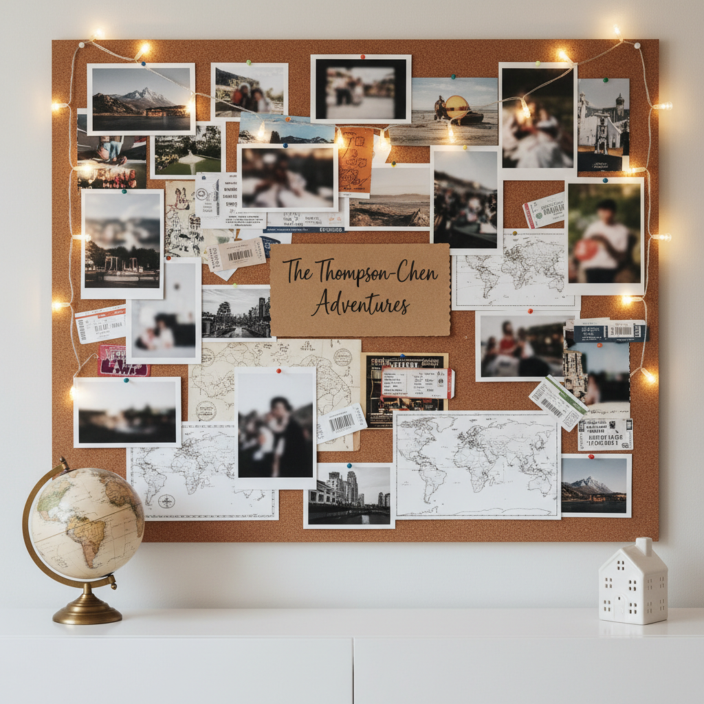 A corkboard adventure wall hangs above a simple white console table, filled with overlapping elements: printed photos of scenic locations blurred for privacy, ticket stubs, hand-drawn mini maps, and a central kraft-paper card reading “The [Family Name] Adventures.” Small string lights drape loosely across the board, emitting a warm, cozy glow that creates soft highlights on the pins and paper edges. A globe and a small ceramic house sit on the console below, anchoring the composition. Photographic realism with an eye-level, straight-on shot and moderate depth of field captures a creative, sentimental mood that reflects a blended family documenting their shared wedding and travel memories.