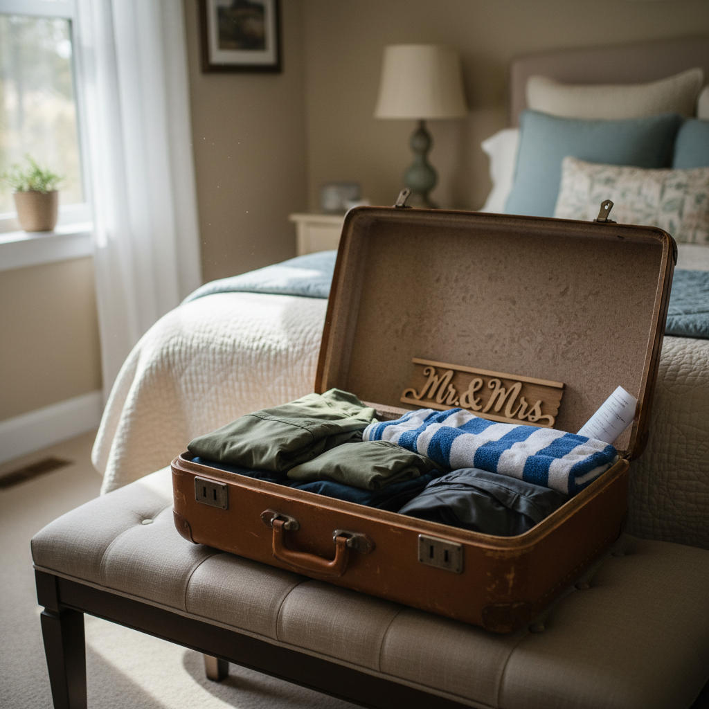 A weathered vintage suitcase, its tan leather edges slightly scuffed, sits half-open on a cozy bedroom bench at the foot of a neatly made bed. Inside, two neatly folded sets of hiking gear and beach towels are visible, along with a small wooden “Mr & Mrs” sign and a printed itinerary peeking out. Soft morning light streams through sheer curtains, illuminating dust motes and creating a peaceful glow over the scene. The composition uses rule of thirds with a shallow depth of field, photographic realism, and a warm, inviting atmosphere that hints at newlywed adventures and future trips together, without including any human figures.