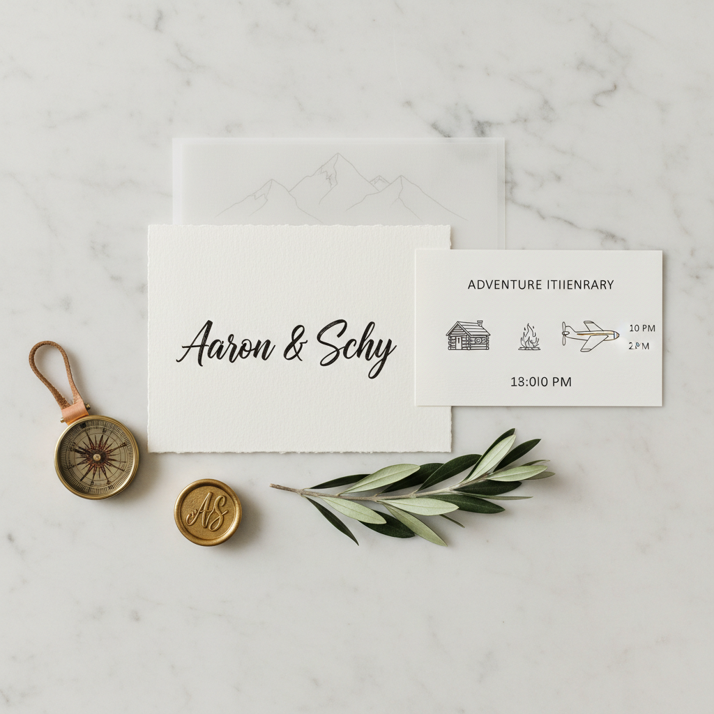 A wedding invitation suite lies carefully arranged on a marble surface: a textured ivory main card reading “Aaron & Schy” in modern calligraphy, a vellum overlay printed with a faint mountain landscape, and a smaller card labeled “Adventure Itinerary” with illustrated icons of a cabin, campfire, and airplane. Around the stationery sit a wax seal stamp, a sprig of olive branch, and a small compass. Soft, diffused studio lighting from above creates even illumination with subtle shadows that highlight the paper fibers and metallic ink. Photographic realism with a top-down composition and sharp focus throughout conveys an elegant yet adventurous mood suited to a travel-loving wedding.