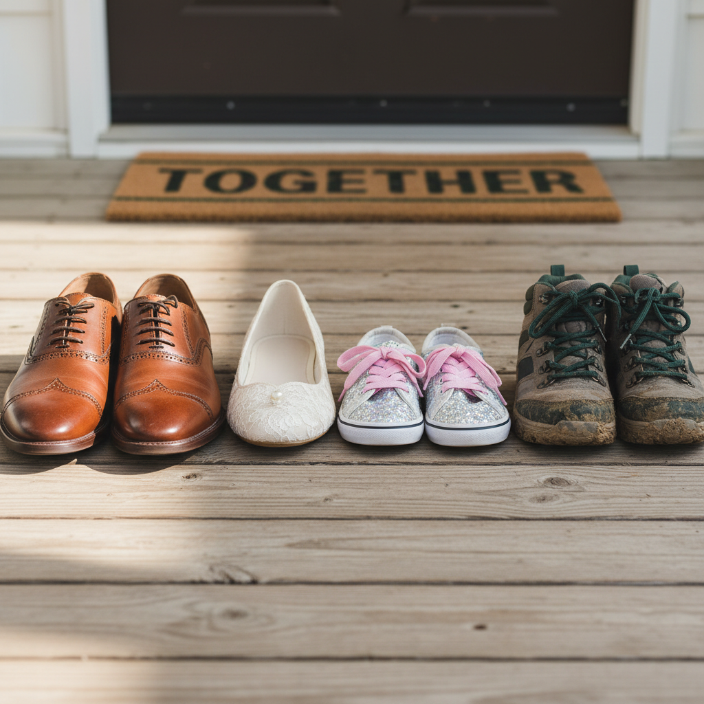An arrangement of four distinct pairs of shoes rests in a neat row on a sunlit front porch: polished brown leather dress shoes, delicate ivory bridal flats, tiny glittery sneakers, and slightly muddy youth-sized hiking boots. The porch floorboards show subtle weathering, and a simple doormat with the word “Together” sits behind them, slightly out of focus. Soft, diffused afternoon light creates gentle shadows beneath each pair, emphasizing their unique textures and stories. Photographic realism, shot from a low, close angle with a shallow depth of field, creates a heartfelt, narrative mood that symbolically represents a blended family’s personalities and shared adventures without depicting any people.