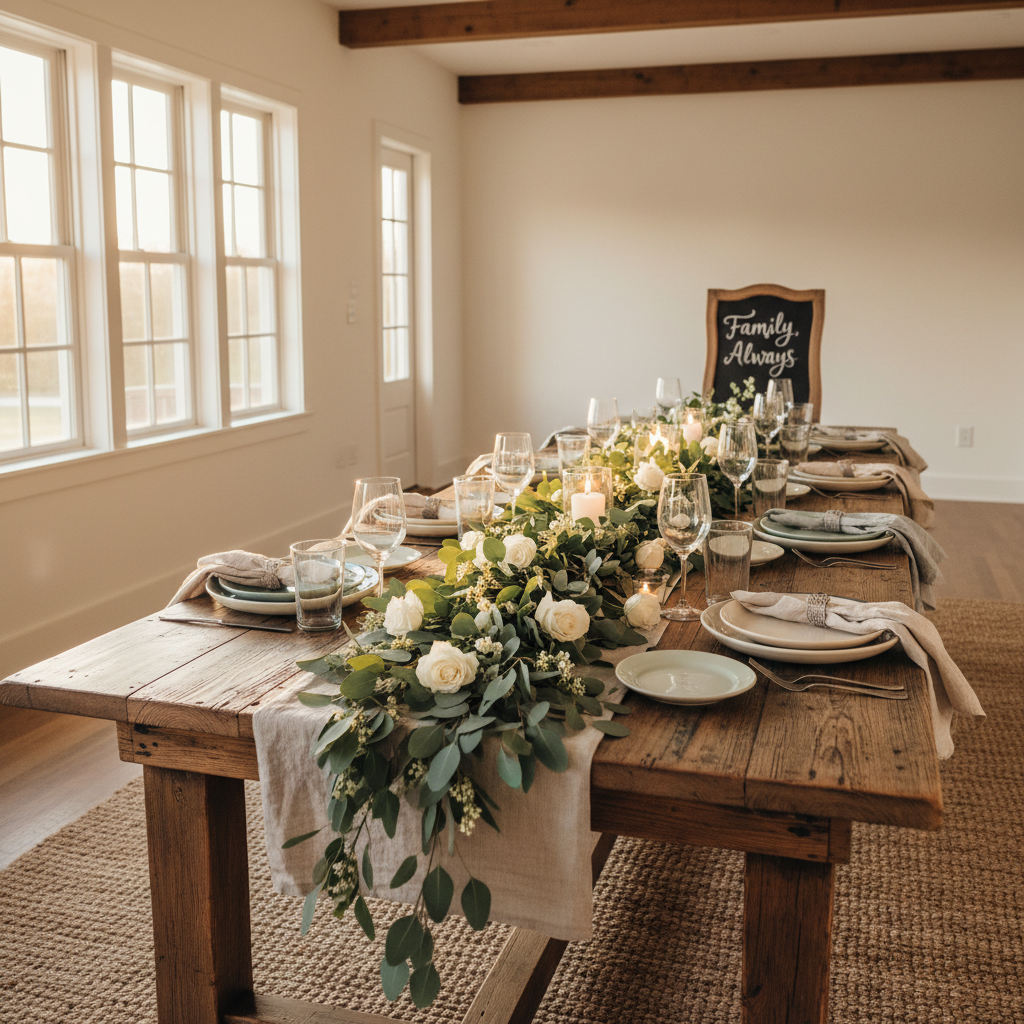A long farmhouse-style dining table made of reclaimed wood stretches through a bright, open room, its surface set for a celebration with mismatched ceramic plates, linen napkins in soft neutrals, and a lush garland of eucalyptus and white flowers running down the center. At the far end, a small chalkboard sign reads “Family, Always” in elegant handwriting. Golden hour sunlight pours in from tall windows on one side, creating warm highlights on glassware and gentle shadows on the table texture. Photographic realism with an eye-level, wide-angle composition captures a joyful, welcoming mood that suggests a blended family gathering, without any people present.